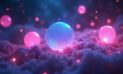 Mystical glowing orbs drifting in a celestial void, bright neon pink and blue hues, soft ethereal lighting.