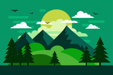 beautiful landscape vector illustration of mountains, forests, fields and meadows. Stunning panoramic farm landscape with mountains in the background. Natural landscape