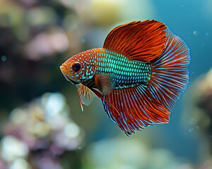 Colorful betta fish swimming, aquarium background, pet, underwater