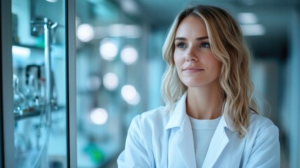 A female scientist stands confidently in a laboratory filled with scientific equipment, showcasing her passion for research and commitment to advancing knowledge in her field.