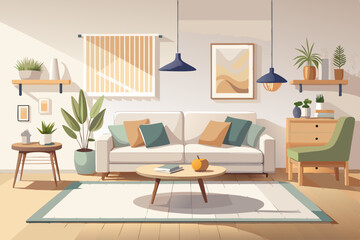 Fototapeta premium vector of Scandinavian-inspired living room interior design with light oak flooring, white walls, a beige sofa, and minimalist decor, creating a cozy and serene ...