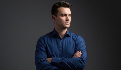 Caucasian man in blue shirt poses with serious expression indoors. Studio lighting creates a modern, professional atmosphere.