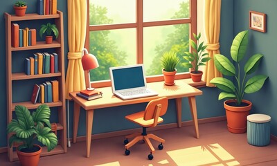 Fototapeta premium Isometric cozy study corner with a wooden desk, laptop, books, plants, warm light, and a window revealing a peaceful nature view.
