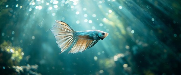 Betta fish swims in sunlit aquarium, peaceful background