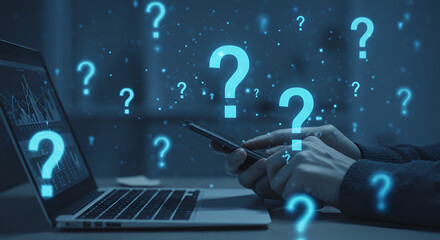 Person Using Smartphone with Question Marks Over Laptop Displaying Charts and Graphs in Blue