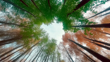 Colorful Forest Canopy Viewed from Below in Autumn