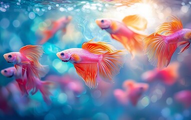 Orange betta fish swim underwater, aquatic scene, vibrant colors, nature background, perfect for aquarium themes