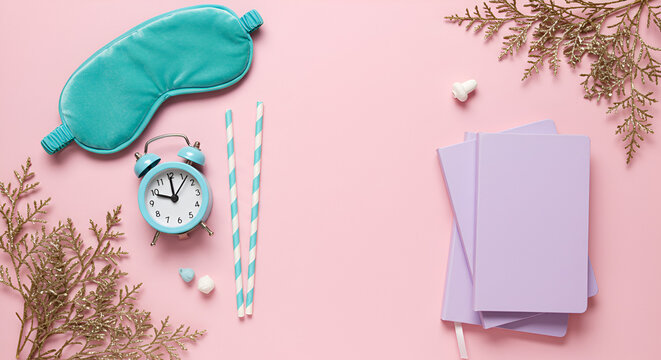 Turquoise Sleep Mask Gold Sprigs and Blue Alarm Clock on Pink Backdrop Flatlay with Striped Straws and Purple Notebooks