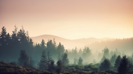 Fototapeta premium Misty forest landscape at dawn with soft colors.