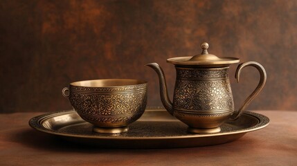 Fototapeta premium An ornate brass tea set composed on a textured brown surface