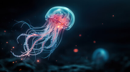 Obraz premium A surreal deep-sea scene with glowing jellyfish, alien-like creatures, and a tiny squid pulsing with bioluminescence in an otherworldly underwater world.
