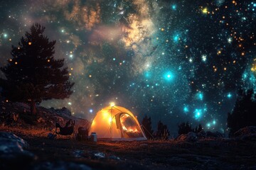 Stargazing at a tent under a vibrant night sky filled with stars and galaxies