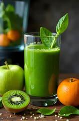 Fototapeta premium Green smoothie made from vegetables and fruits. The concept of a healthy lifestyle, weight loss.