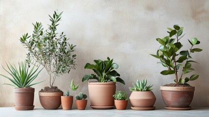 Assorted potted plants in terracotta pots against a textured neutral wall in bright studio light