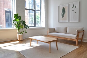 Modern Living Room with Neutral Sofa Monstera Plant and Sunlight Streaming Through Window Creates Serene Interior