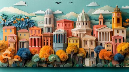 Beautifully crafted paper art showcasing nature's elements, including intricate paper flowers, trees, and animals, brought to life with delicate layers and vibrant colors. The art evokes a sense 