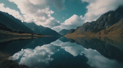 Fototapeta premium Serene lake reflecting majestic mountain peaks.