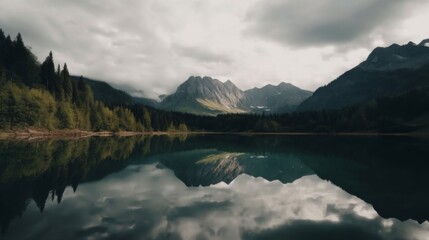 Serene mountain lake reflecting cloudy sky.