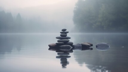 Serene stacked stones by calm water in fog.