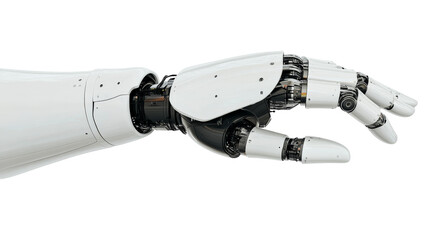 Mechanical arm modern design, white robotic fist, cut out transparent