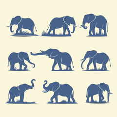 Collection of Elephant Silhouettes in Various Poses and Movements on a Light Background