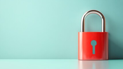 Fototapeta premium Red padlock on blue wall, symbol of security and protection red