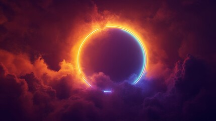 Glowing Neon Circle in Dramatic Cloudscape, Abstract and Modern, for Designs