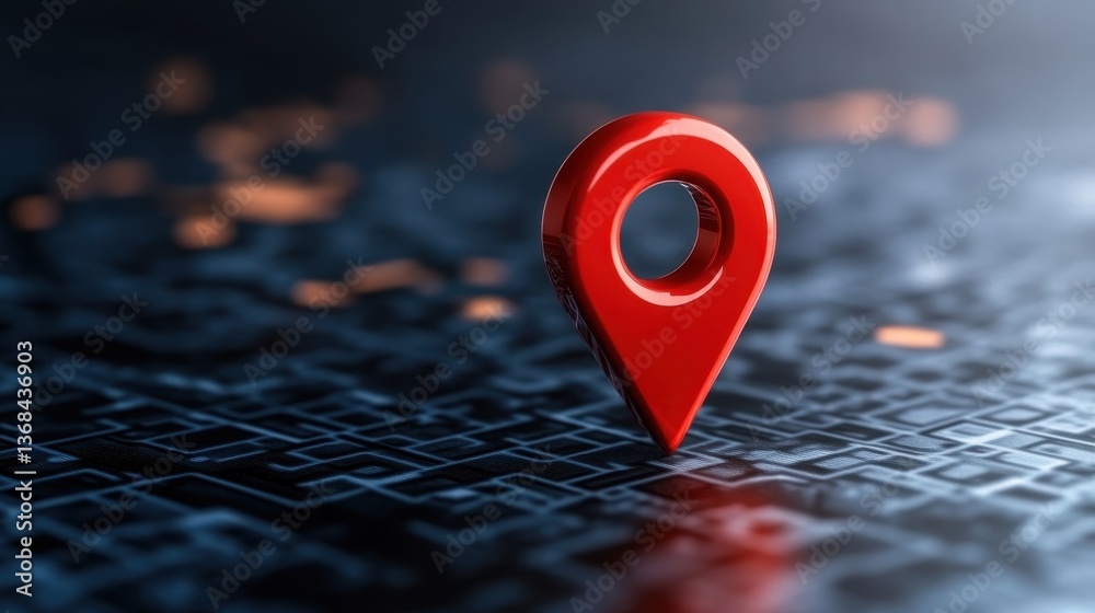 Poster glossy red location pin on dark circuit board representing advanced digital mapping and geolocation 