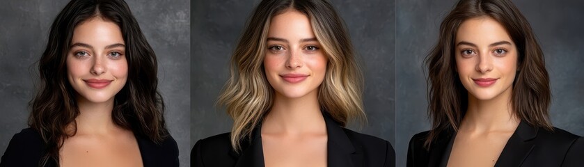 Naklejka premium Elegant woman in a black suit with long flowing hair, portrait of confidence and style
