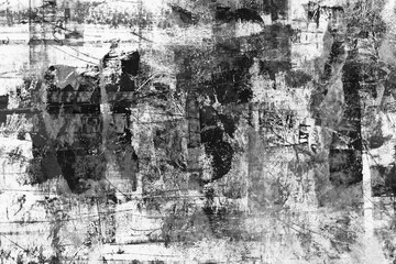 Obraz premium Abstract black and white grunge texture with distressed overlay effect. Weathered surface featuring scratches, stains, and vintage patina creating dynamic artistic background 