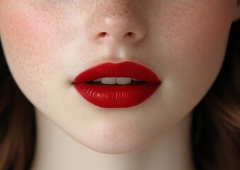 Naklejka premium Red Lips with Freckles, and Closeup.