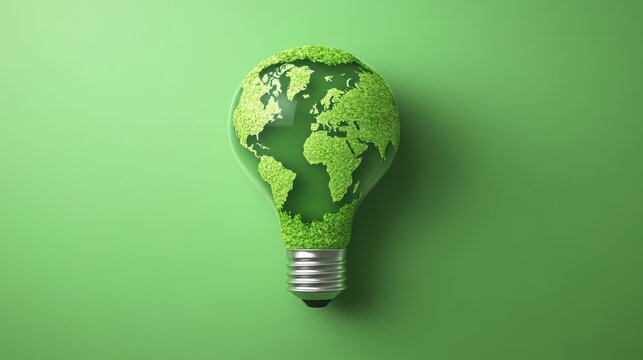 Lightbulb featu a world map intertwined with lush green foliage against an eco-friendly green background, symbolizing sustainable energy solutions globally.