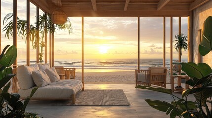 Obraz premium Serene coastal living at sunset luxurious beachside villa with ocean panorama and tranquil ambiance