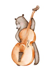 A watercolor illustration of a bear playing double bass  Hand-drawn illustration