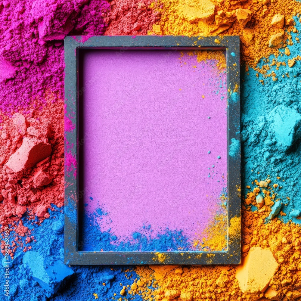 Poster Colorful Pigments Frame: A Vibrant Border of Powdered Colors Surrounding a Central Area, Ideal for Creative Text or Image Insertion. 