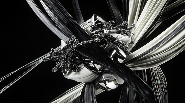 A woman with a flower in her hair surrounded by interwoven strands of platinum and ebony creating a striking and elegant appearance.