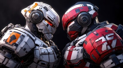 Fototapeta premium Close-up view of two futuristic soldiers in colorful armor facing off in a tense standoff showcasing conflict, technology, and advanced battle gear styles.