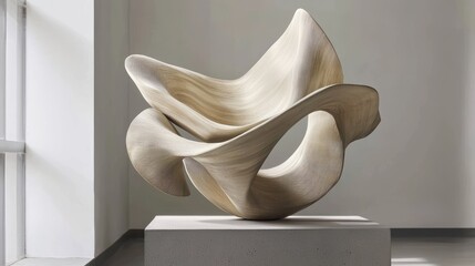 Elegant wood sculpture on concrete block in modern art museum gallery studio exhibition display