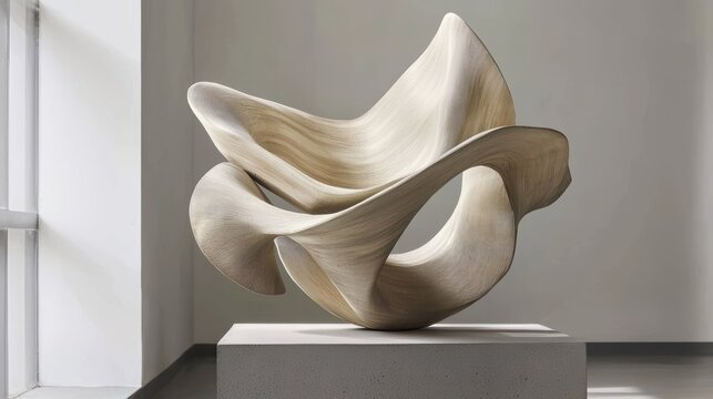 Elegant wood sculpture on concrete block in modern art museum gallery studio exhibition display