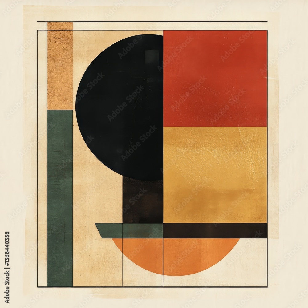 Fototapete geometric abstraction with circles and rectangles in red, black, gold, and green, in a modernist com