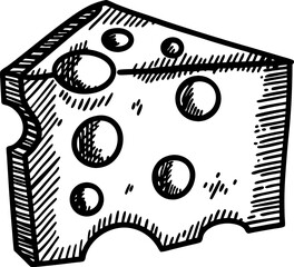 Obraz premium hand drawn wedge of swiss cheese illustration with holes, sketch food art, rustic dairy product
