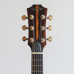 Guitar Headstock Detail: Intricate Design with Tuners and Strings against a Soft White Backdrop