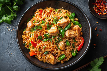 Chicken and noodles in a bowl with chops, surrounded by colorful vegetables, on a rustic wooden table setting.