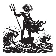 Towering Poseidon silhouette, standing above the sea - Poseidon illustration - Poseidon vector - Greek god silhouette

