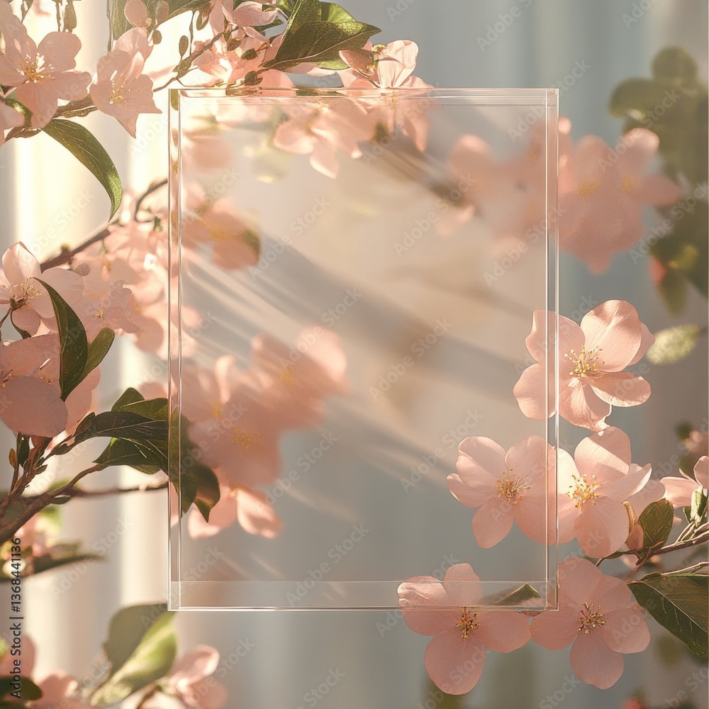 Aufkleber soft pink blossoms framing sunlight, with a clear rectangular object for background or product space