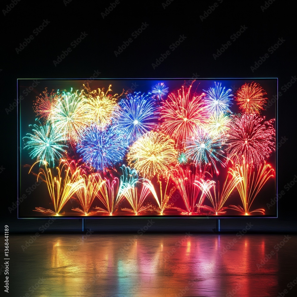 Poster vibrant fireworks display on a modern television set, reflecting on a polished surface in a dark roo