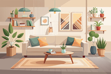 vector of Scandinavian-inspired living room interior design with light oak flooring, white walls, a beige sofa, and minimalist decor, creating a cozy and serene ...