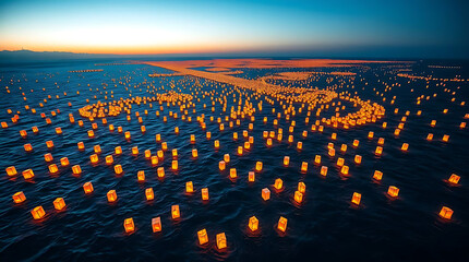 Fototapeta premium A tranquil twilight ocean filled with glowing lanterns drifting on gentle waves. The warm golden lights contrast beautifully with the deep blue water, Created with generative AI.