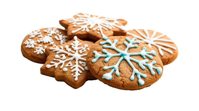 Gingerbread cookies with snowflake icing, holiday treat, Christmas, cut out transparent
