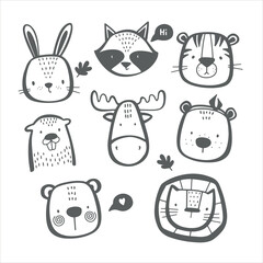 Сute animal faces in scandinavian style vector illustration on white background